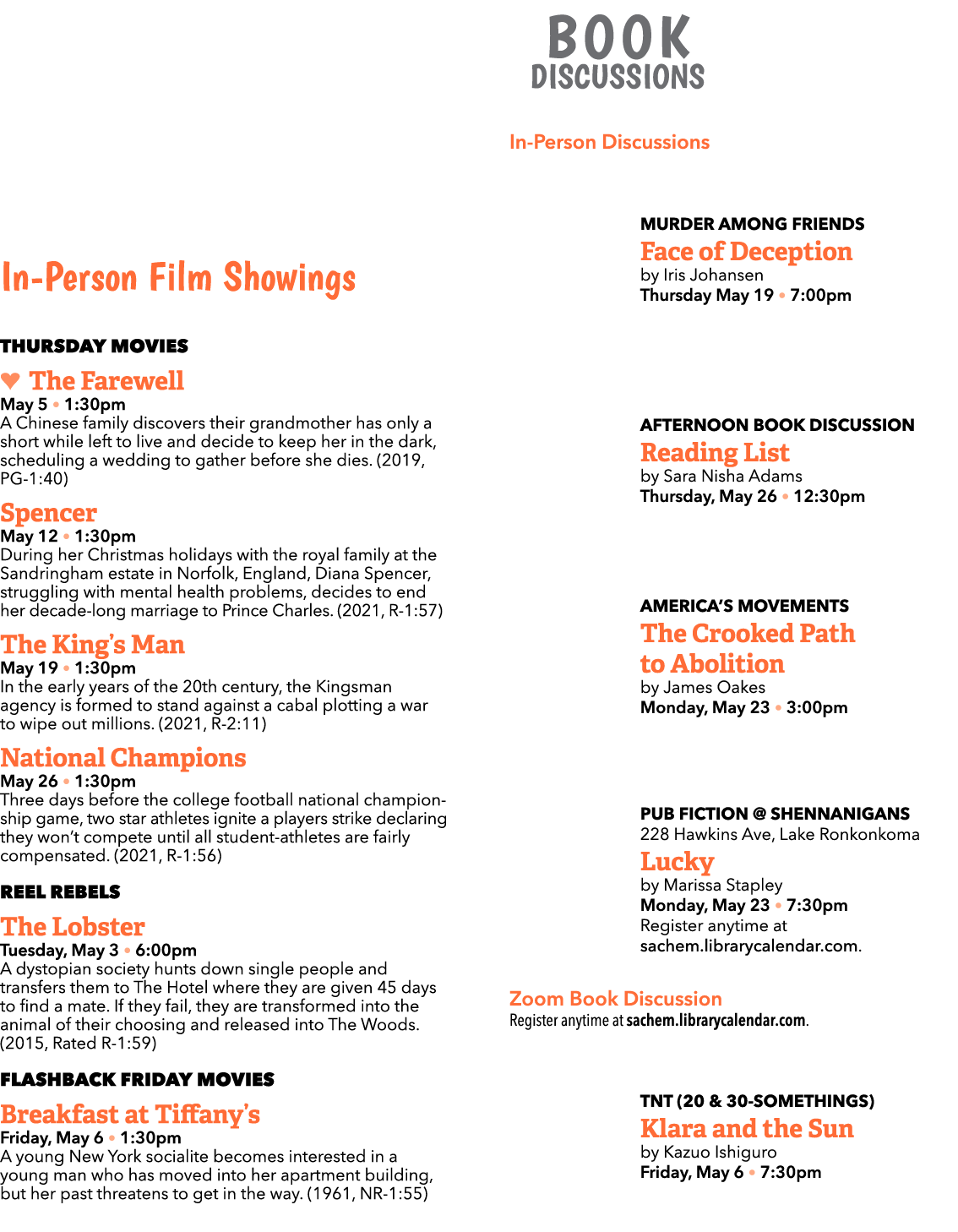 In-Person Film Showings THURSDAY MOVIES   The Farewell May 5   1:30pm A Chinese family discovers their grandmother ha   