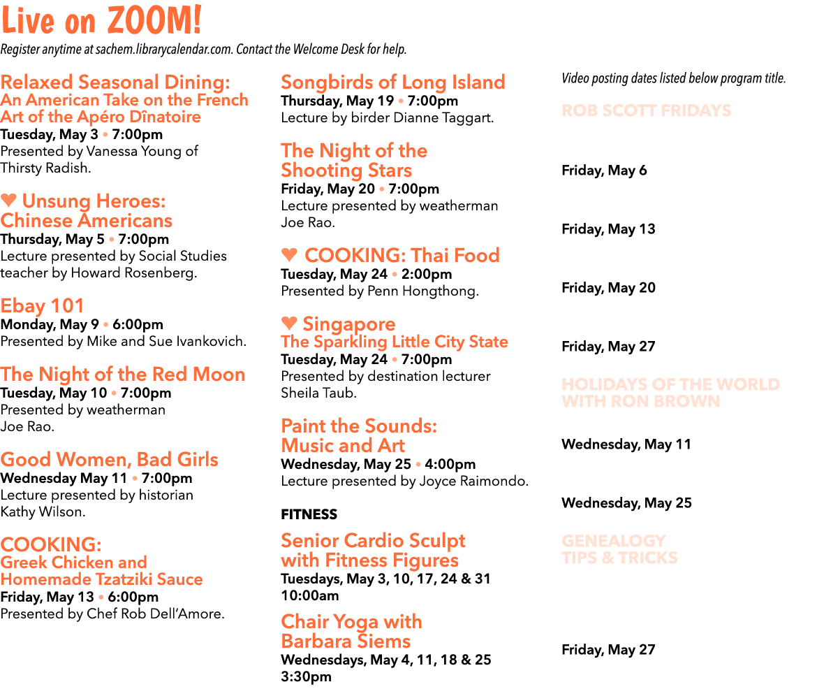 Live on ZOOM  Register anytime at sachem librarycalendar com  Contact the Welcome Desk for help  Relaxed Seasonal Din   
