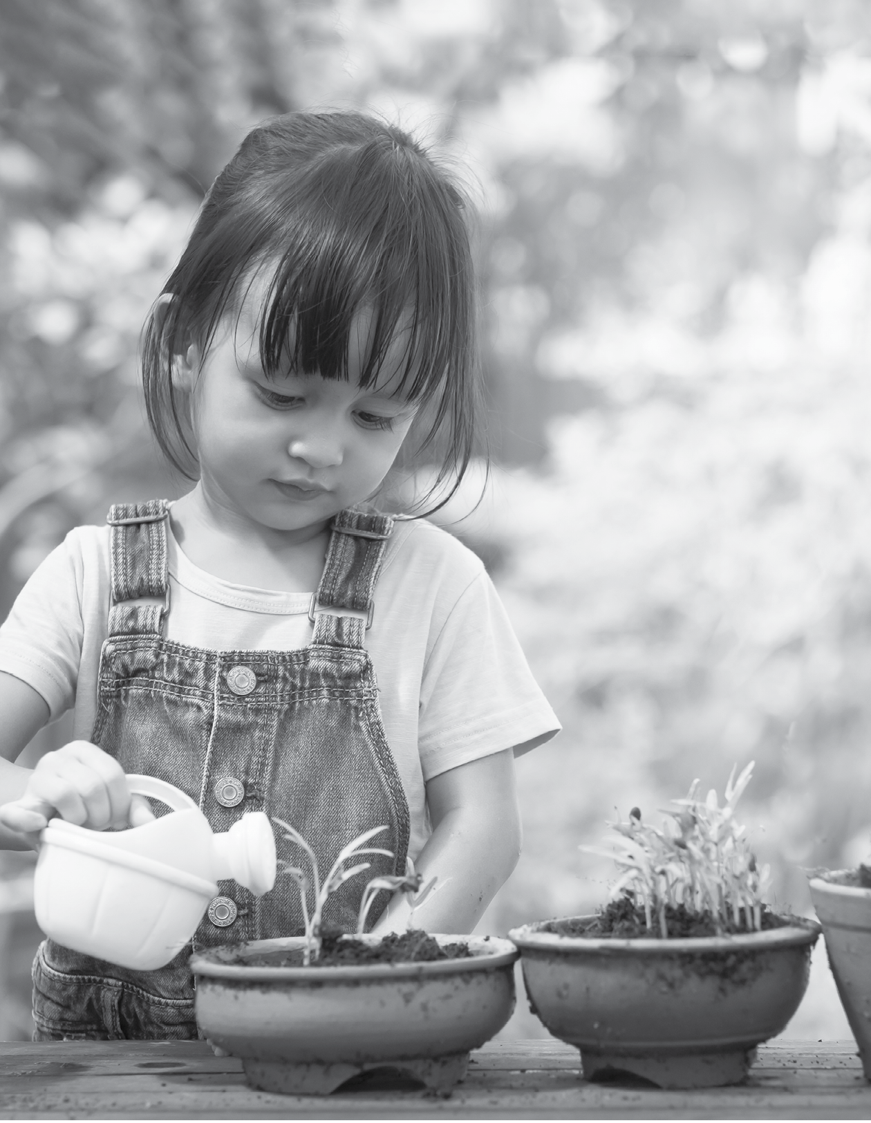Adorable 3 years old asian little girl is watering the plant  in the pots outside the house, concept of plant growing learning activity for preschool kid and child education for the tree in nature
