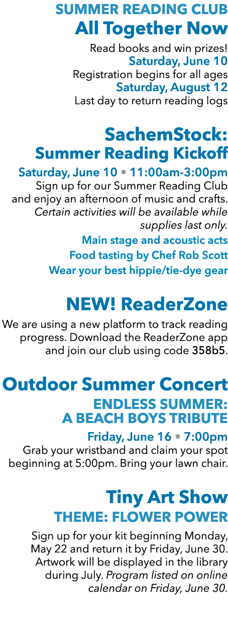 Summer Reading Club All Together Now Read books and win prizes! Saturday, June 10 Registration begins for all ages Sa...