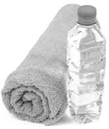 A bottle of water and a sports towel isolated against a white background