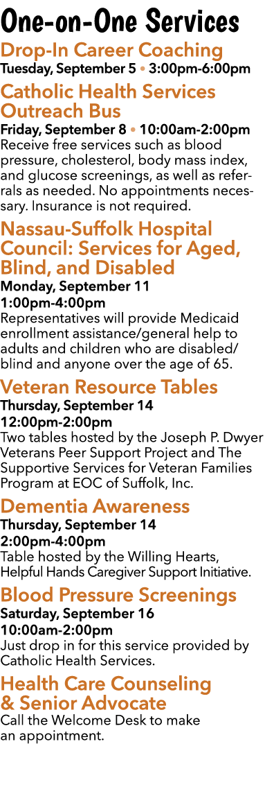 One on One Services Drop In Career Coaching Tuesday, September 5 • 3:00pm 6:00pm Catholic Health Services Outreach Bu...