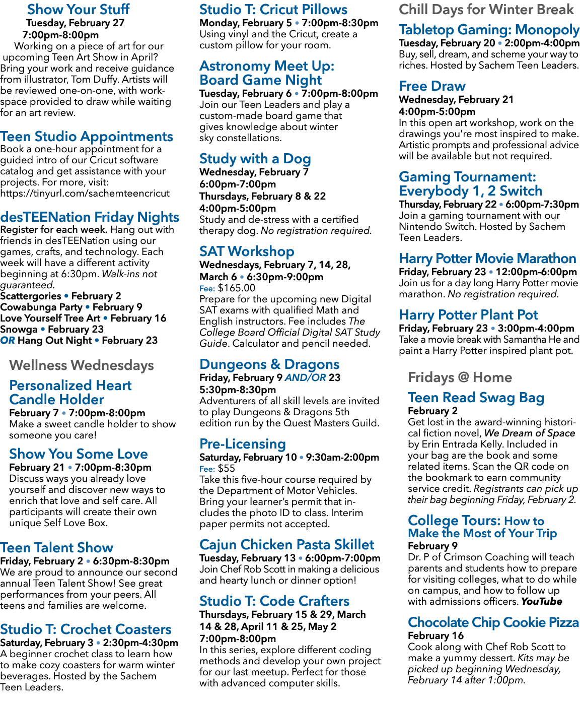 Show Your Stuff Tuesday, February 27 7:00pm 8:00pm Working on a piece of art for our upcoming Teen Art Show in April?...