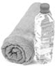 A bottle of water and a sports towel isolated against a white background