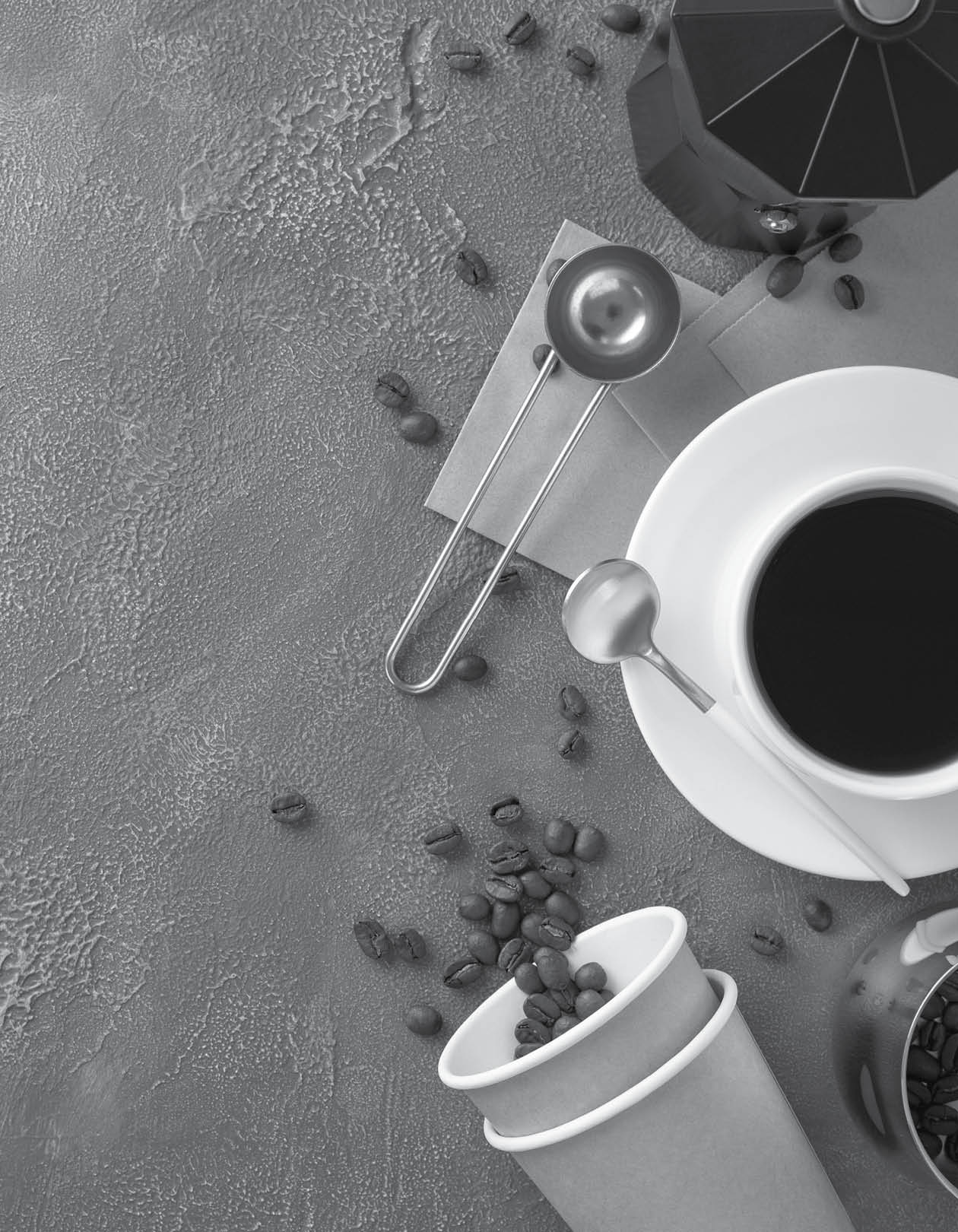 Aroma Awakening: Top-down view image of scattered coffee beans, espresso cup, to-go paper cups, cream jar, coffee pot, barista's spoon, paper bags, and kettle on a grungy dark grey background
