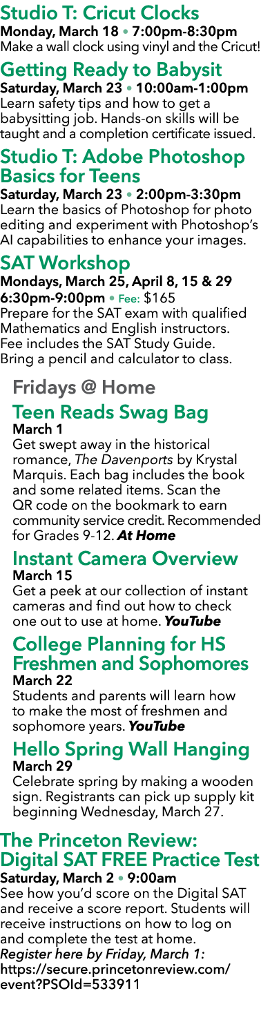 Studio T: Cricut Clocks Monday, March 18 • 7:00pm 8:30pm Make a wall clock using vinyl and the Cricut! Getting Ready ...