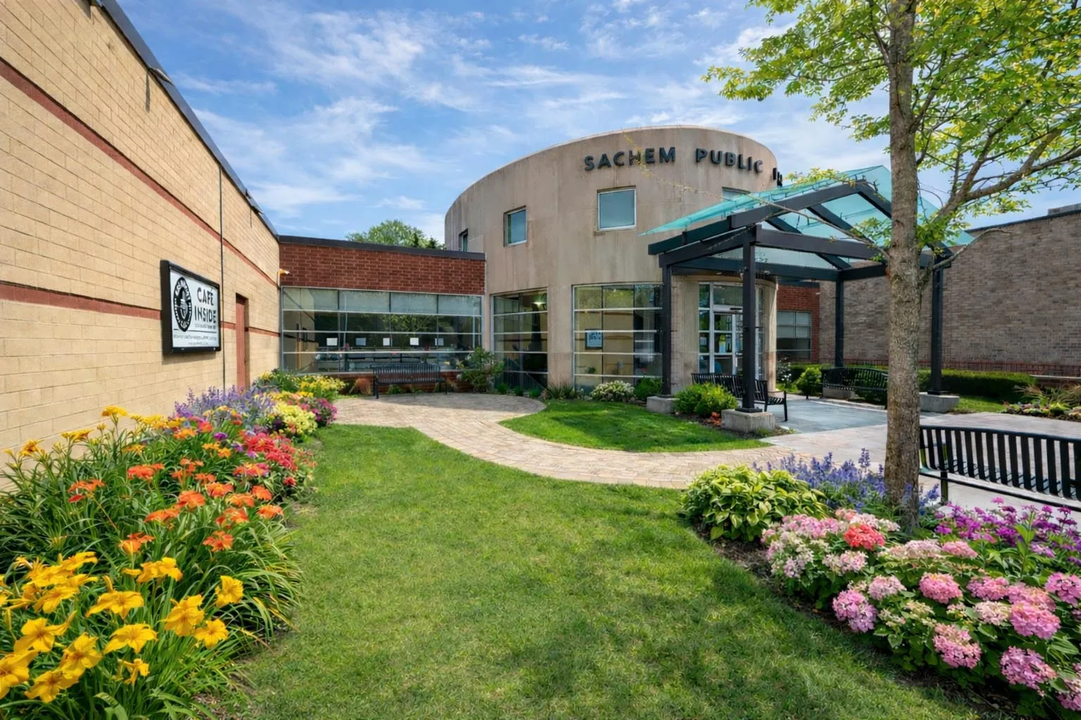 Outdoor shot of the memorial bricks walkway at Sachem Library